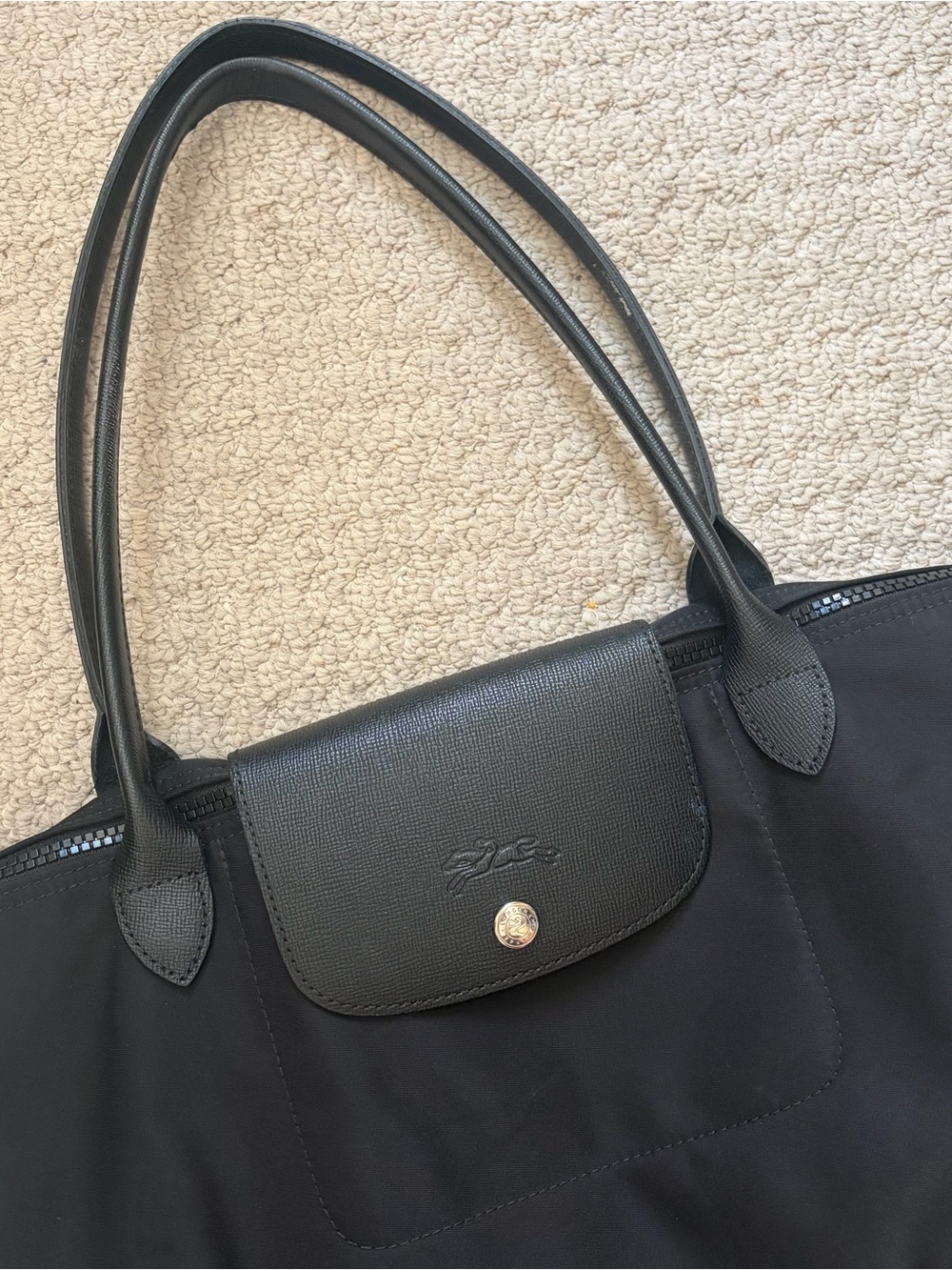 Longchamp Black Le Pliage Classic Tote with Leather Flap